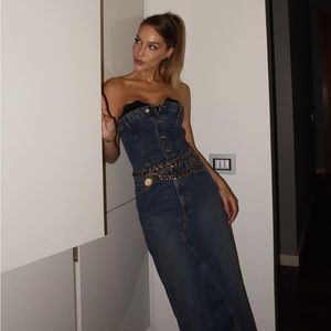 Zara Denim Strapless Dress with Black Lace Detail